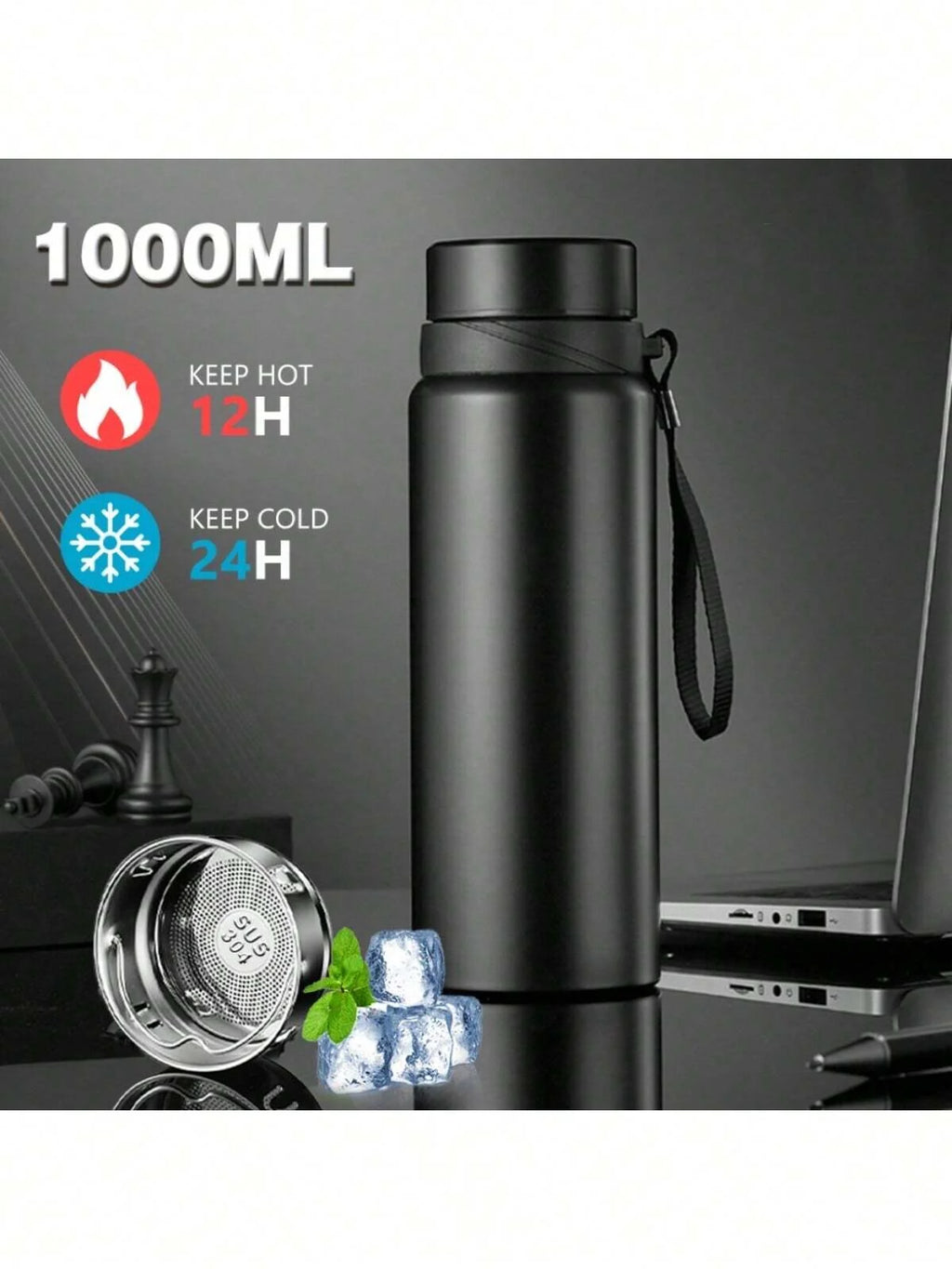 Botella de agua termo de 1 l, botella de agua fría y caliente para agua, té, café, termos, botella de acero inoxidable