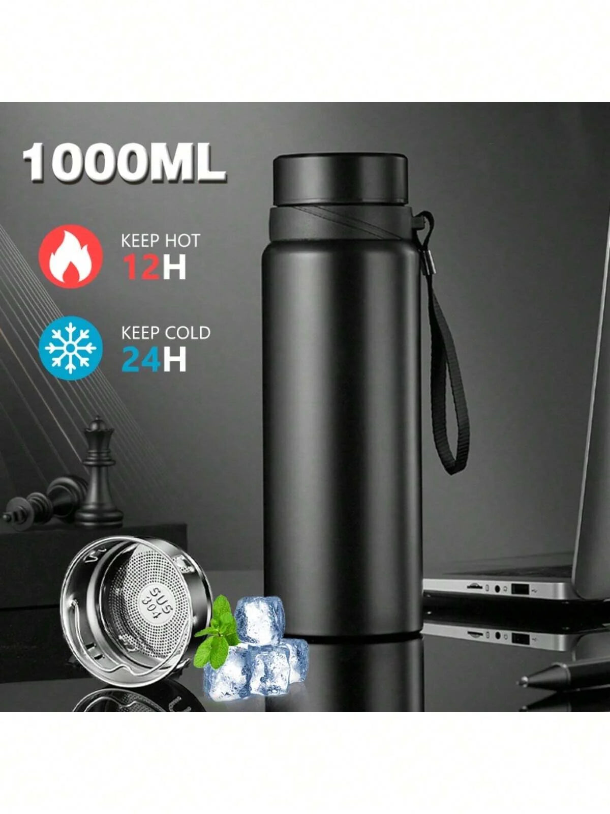 Garrafa de água térmica de 1l, garrafa de água fria e quente para água, chá, café, frascos a vácuo, garrafa de aço inoxidável